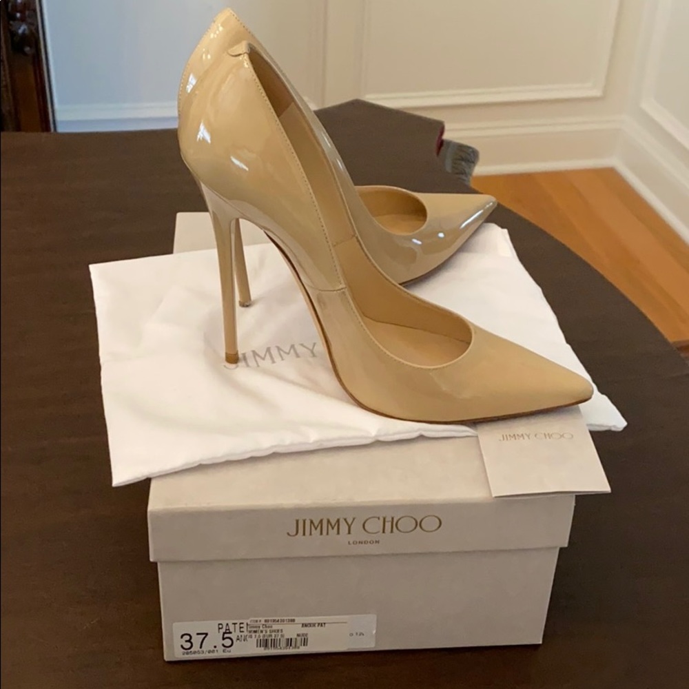 Jimmy choo anouk 37.5 nude patent 120mm pump